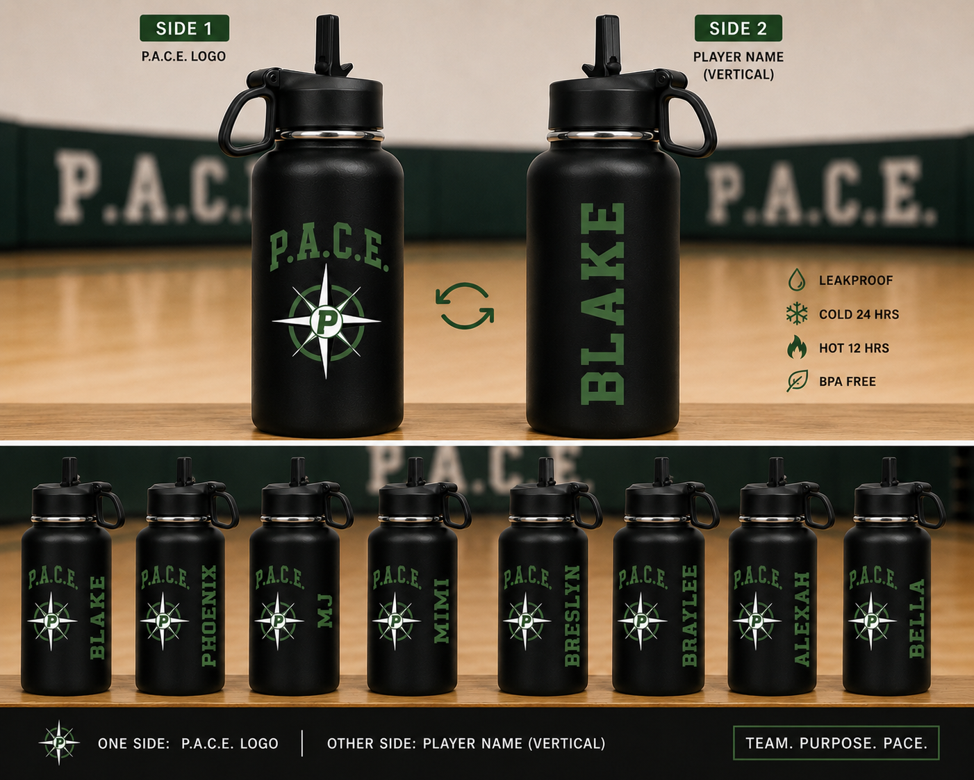 P.A.C.E. -Personalized 32oz Team Water Bottle | Player Name